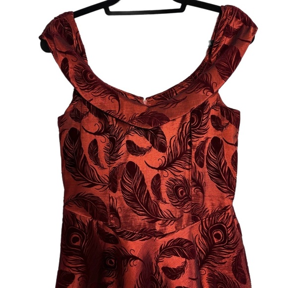 Voodoo Vixen Red burned out velvet retro style off the shoulder Midi Dress - Picture 3 of 7